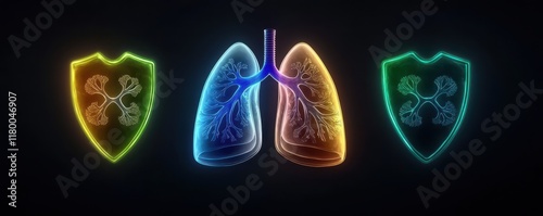 A vibrant, neon illustration showing human lungs flanked by protective shields, symbolizing respiratory health and defense mechanisms. photo