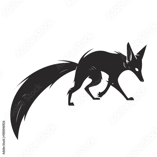 Vector black and white illustration of fox silhouette drawn in cartoon style. Isolated on white background clip art object. Wild shaggy baby fox. Simple flat style graphic. Concept digital art.