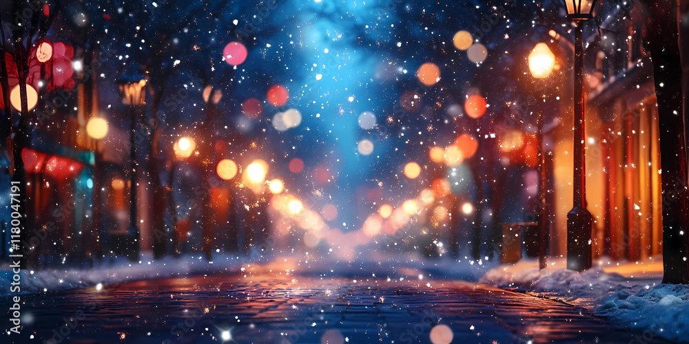 Blurred winter city background with glowing festive lights and snowy streets, evoking a tranquil and magical urban atmosphere, style book illustration Blurred winter city background with glowing festive lights and snowy streets, evoking a tranquil and magical urban atmosphere, style book illustration