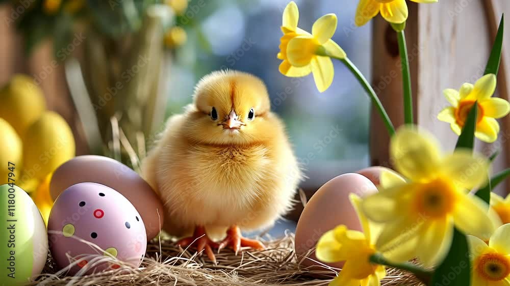 Cute yellow chick surrounded by eggs and flowers during spring celebration