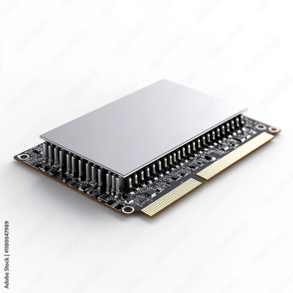 Sleek silver PCIe card with intricate circuit details isolated on a white background Sleek silver PCIe card with intricate circuit details isolated on a white background