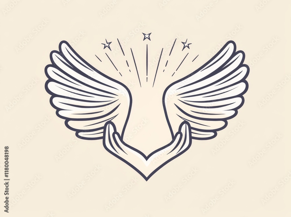 Fototapeta premium An abstract, hand-drawn flat graphic illustration with logo elements, a crane bird held in a human hand, and simple magic celestial sacred line art for branding, isolated on a colored background