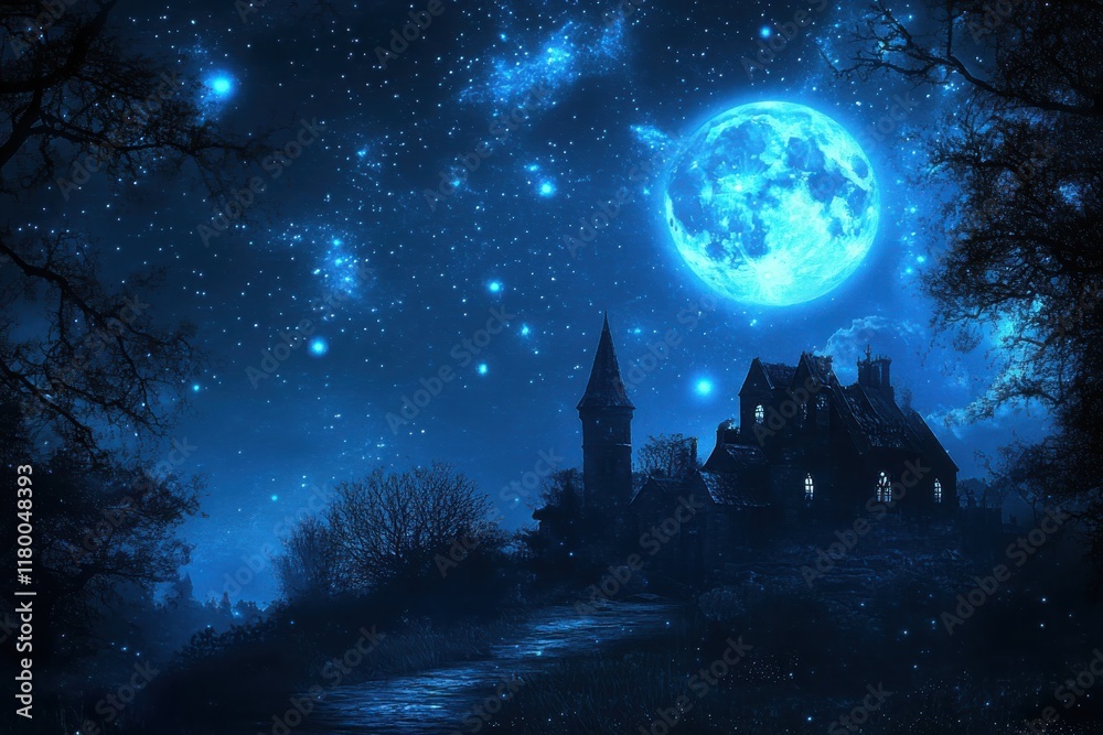 Naklejka premium Enchanted Night: A mysterious castle under a brilliant blue moon.