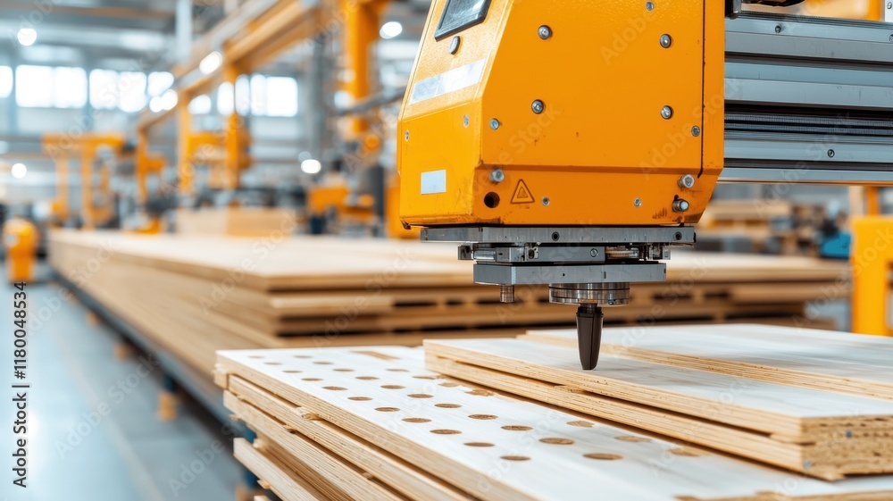 A close-up of an industrial CNC machine in a wood processing facility, showcasing precision in cutting and handling wooden panels. A close-up of an industrial CNC machine in a wood processing facility, showcasing precision in cutting and handling wooden panels.