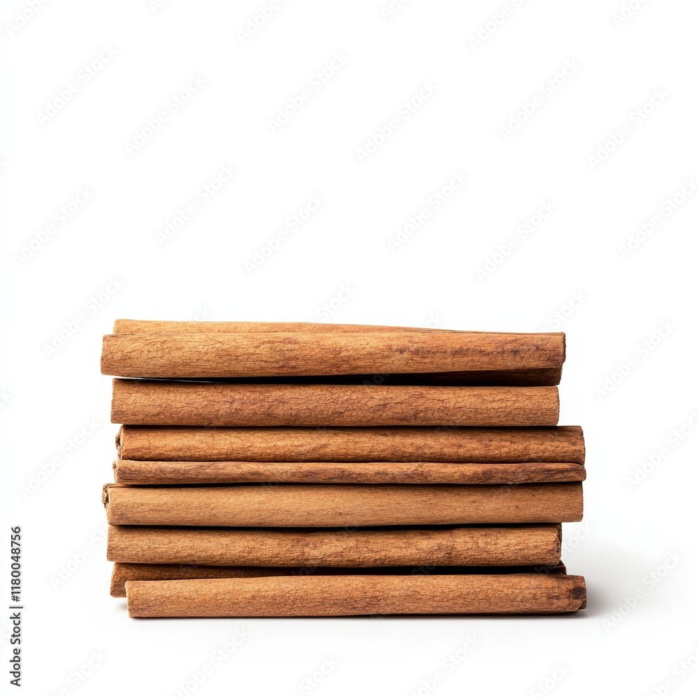 Pile of cinnamon sticks with visible ridged texture, arranged neatly, isolated on a white background Pile of cinnamon sticks with visible ridged texture, arranged neatly, isolated on a white background