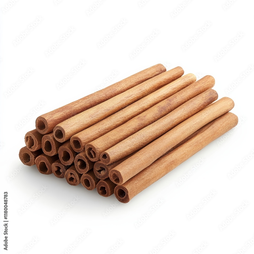Pile of cinnamon sticks with visible ridged texture, arranged neatly, isolated on a white background Pile of cinnamon sticks with visible ridged texture, arranged neatly, isolated on a white background