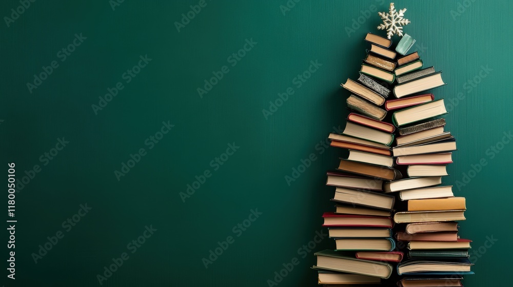 A Christmas Tree Shaped Stack Of Books Against A Green Wall A Christmas Tree Shaped Stack Of Books Against A Green Wall
