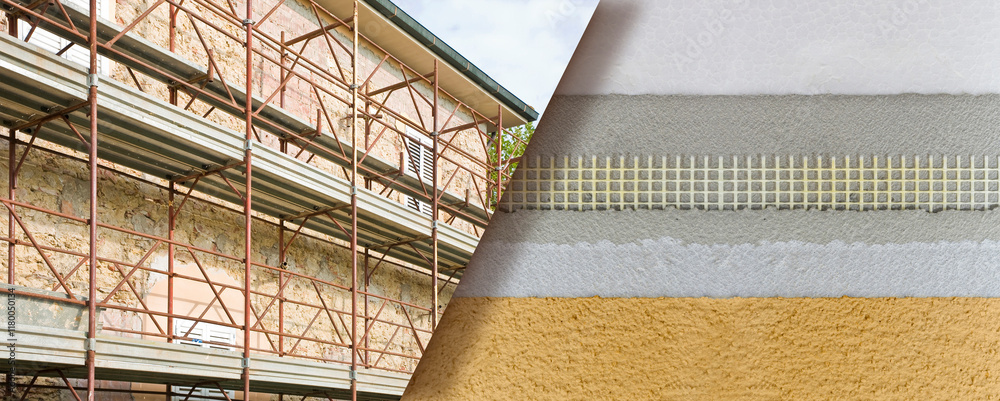 Obraz premium THERMAL INSULATION COATINGS FOR CONSTRUCTION WITH POLYSTYRENE PANELS to reduce thermal losses - Building energy efficiency - Construction work on a building site with security metal scaffolding