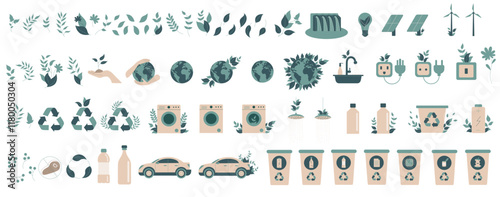 Set of eco-themed vector flat art illustrations, including plants, recycling symbols.