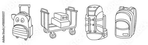 Luggage and Baggage Line Icon and Object Vector Set