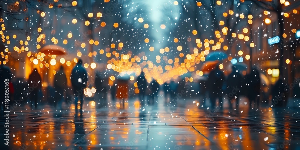 Fototapeta premium Winter cityscape with blurred festive lights, snowy atmosphere, urban charm