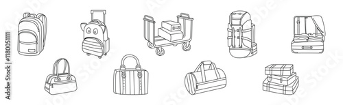 Luggage and Baggage Line Icon and Object Vector Set