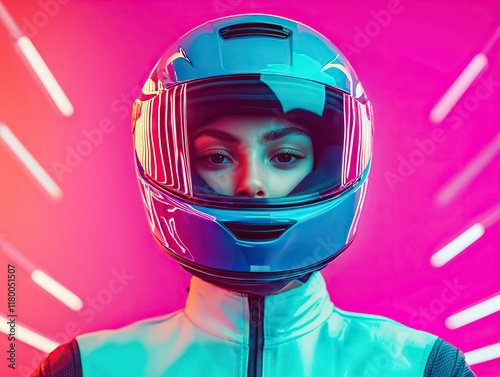 Young racer in reflective helmet and suit stands against vibrant neon lights background