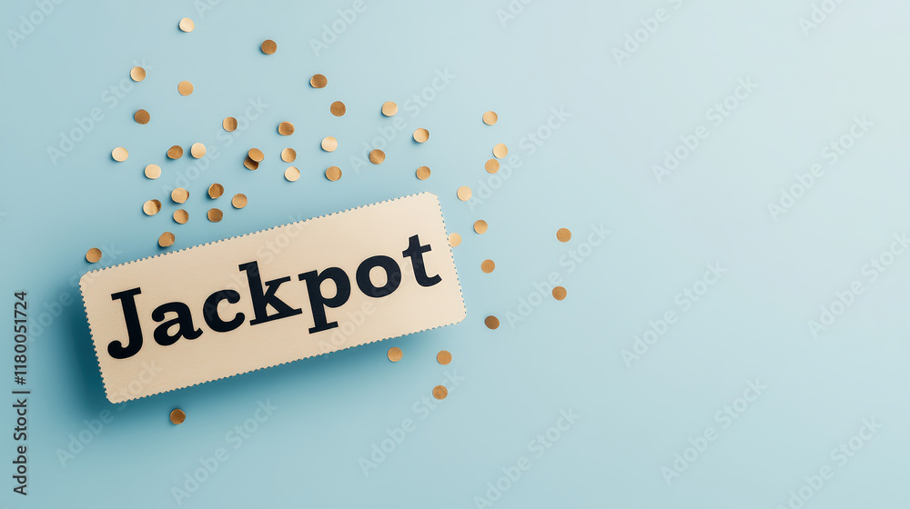 Large jackpot letters sit on a light blue backdrop, surrounded by scattered golden confetti Large jackpot letters sit on a light blue backdrop, surrounded by scattered golden confetti
