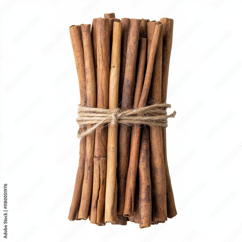Bundle of cinnamon sticks tied with rustic twine, showing rich brown tones, isolated on a white background Bundle of cinnamon sticks tied with rustic twine, showing rich brown tones, isolated on a white background