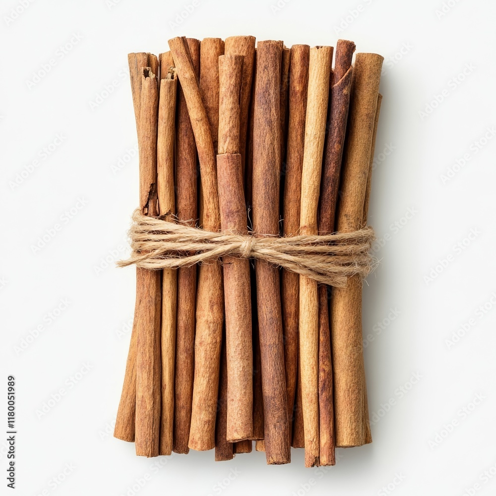 Bundle of cinnamon sticks tied with rustic twine, showing rich brown tones, isolated on a white background Bundle of cinnamon sticks tied with rustic twine, showing rich brown tones, isolated on a white background