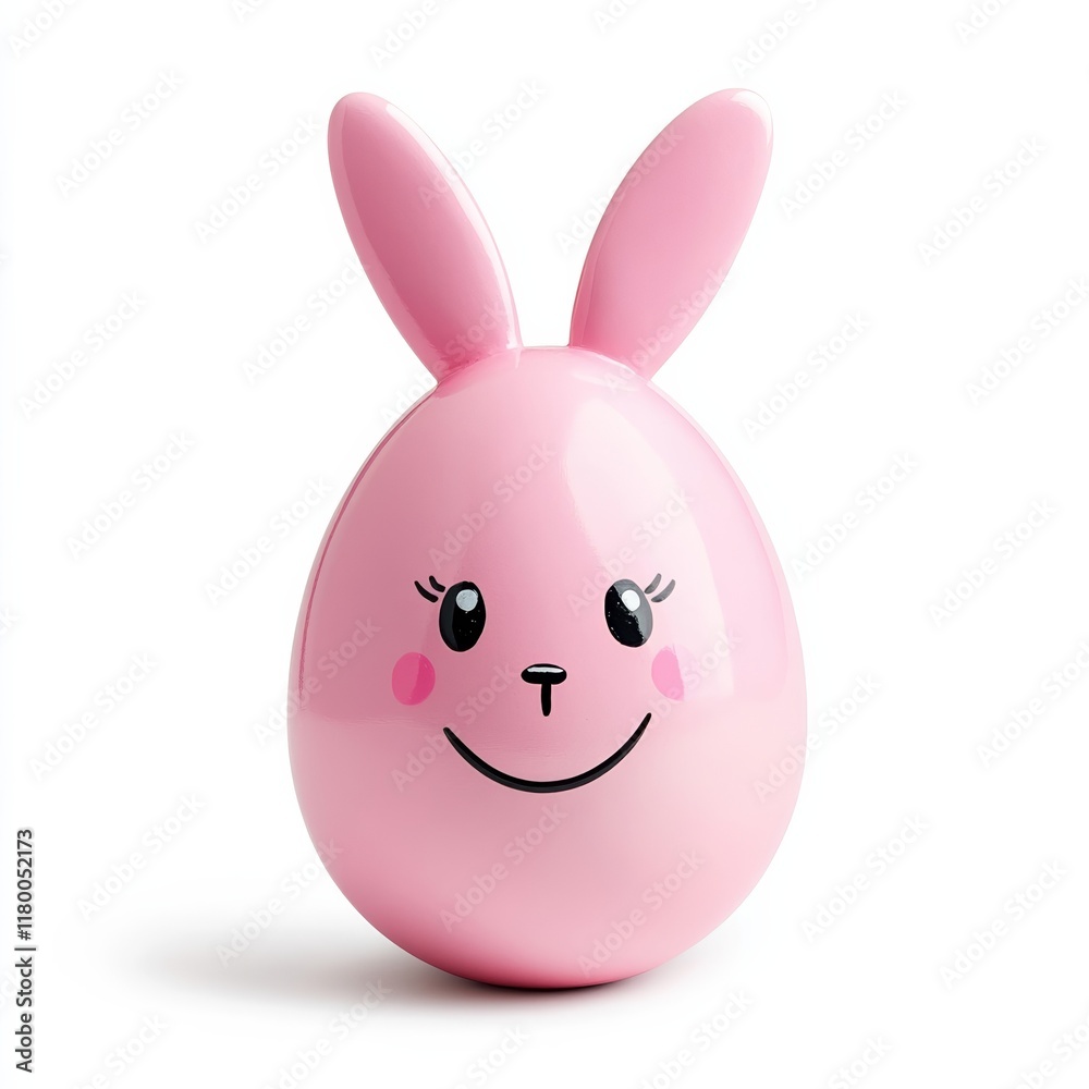 Adorable pastel pink Easter egg with bunny ears and a cheerful smiling face isolated on a white background Adorable pastel pink Easter egg with bunny ears and a cheerful smiling face isolated on a white background