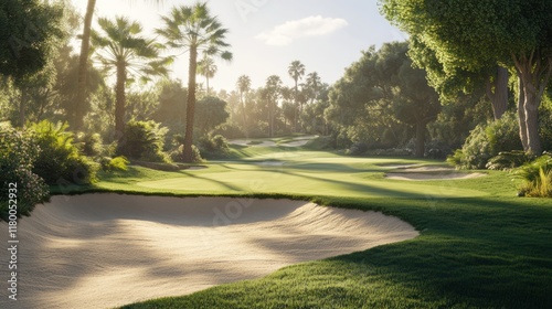 Wallpaper Mural Sunny tropical golf course, sand trap, palm trees, tranquil morning, resort advertising Torontodigital.ca