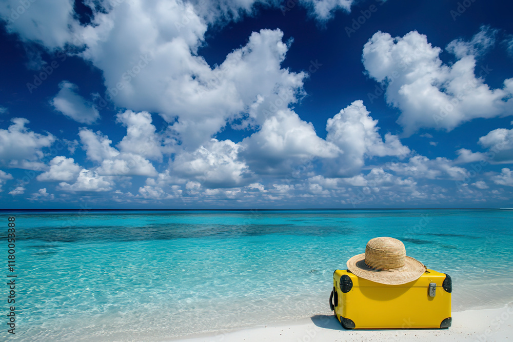 Yellow suitcase with a straw hat on the beach by the sea in the Maldives, a summer vacation concept Yellow suitcase with a straw hat on the beach by the sea in the Maldives, a summer vacation concept