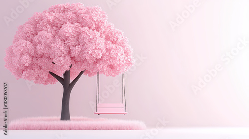 A vibrant cherry tree full of pink blossoms stands beside a gentle swing in a peaceful garden