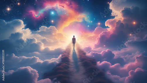 Cosmic Pathway to Infinity: Lone Figure Walking Amidst Luminous Nebulae and Radiant Stars photo