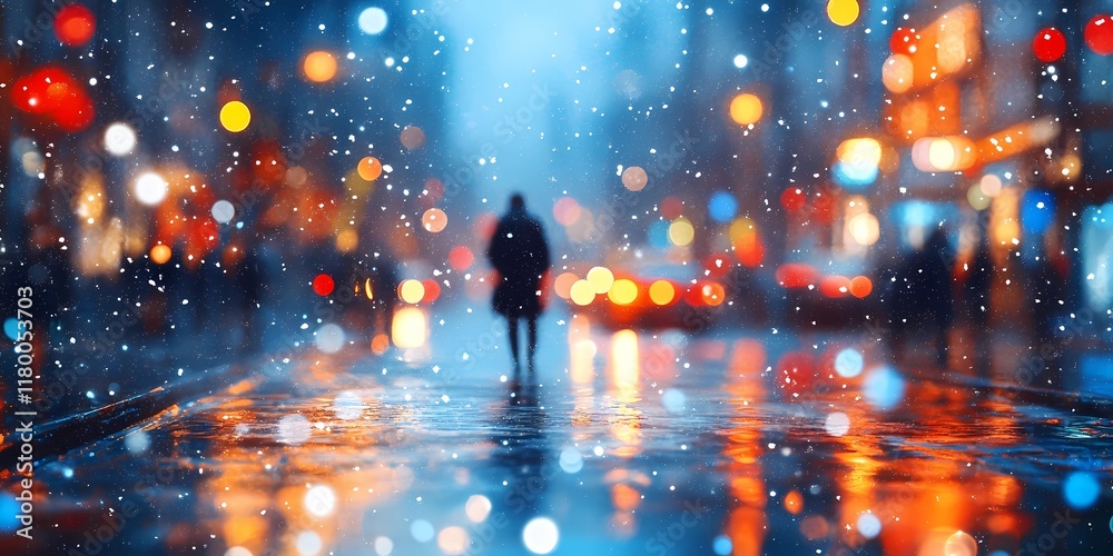 Blurred winter city background with glowing festive lights and snowy streets, evoking a tranquil and magical urban atmosphere, style book illustration Blurred winter city background with glowing festive lights and snowy streets, evoking a tranquil and magical urban atmosphere, style book illustration