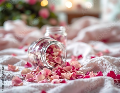 Delicate Rose Petals in Glass Jars on a Lacy Fabric photo