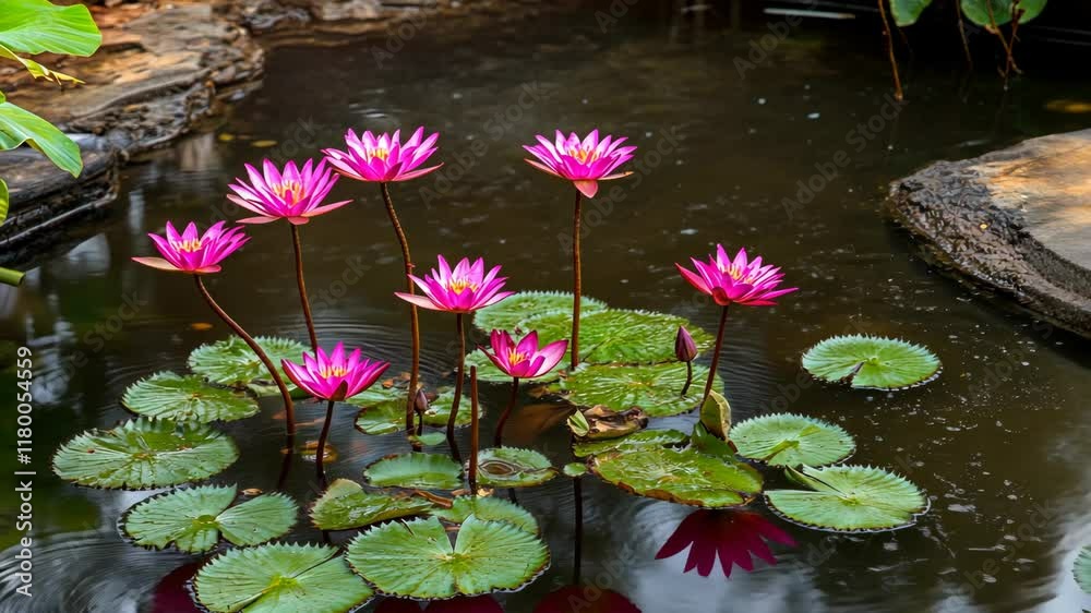 Colorful pink lotus flowers bloom in a serene pond surrounded by green lily pads during a sunny afternoon