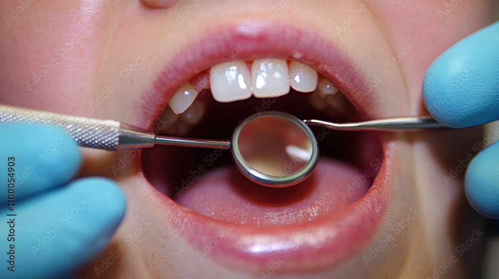 Obraz premium Dentist examining patient's teeth with dental mirror 