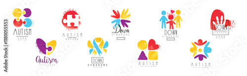 Autism and Down Syndrome Bright Logo Design Template Vector Set