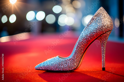 Sparkling high heel shoe displayed on a red carpet illuminated by event lights