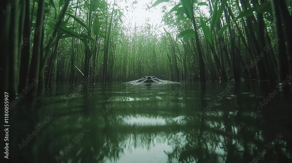 Obraz premium Crocodile swimming through lush wetlands nature scene serene water environment low angle view wildlife concept