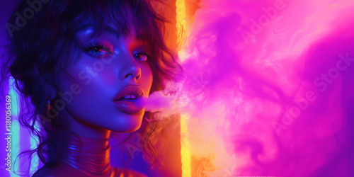Modern vape shop banner featuring stylish woman vaping in an urban setting with neon lights and graffiti