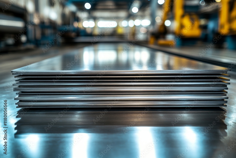 Stacked steel sheets with metallic shine on the shop floor of a steel plant Stacked steel sheets with metallic shine on the shop floor of a steel plant