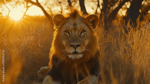 Majestic lion roaming at sunset african savanna wildlife photography natural habitat ground-level view serenity photo