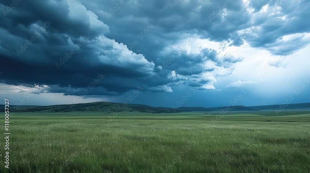 Fototapeta premium Dramatic thunderstorm over rolling green hills nature landscape scenic view atmospheric vibe dynamic clouds
