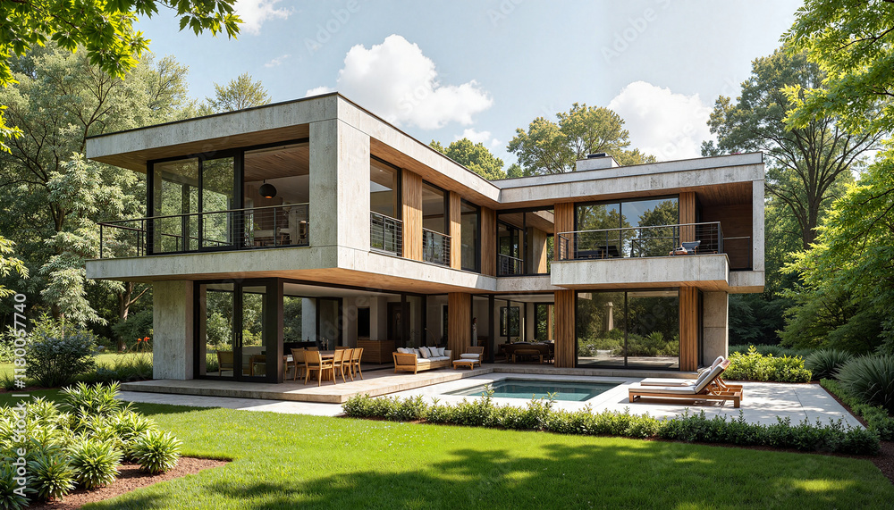 Fototapeta premium Modern house with pool in a lush garden