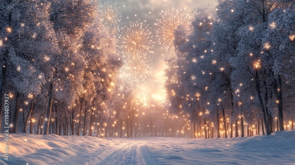 Enchanting Snowy Forest Landscape with Magical Sparkling Lights Enchanting Snowy Forest Landscape with Magical Sparkling Lights