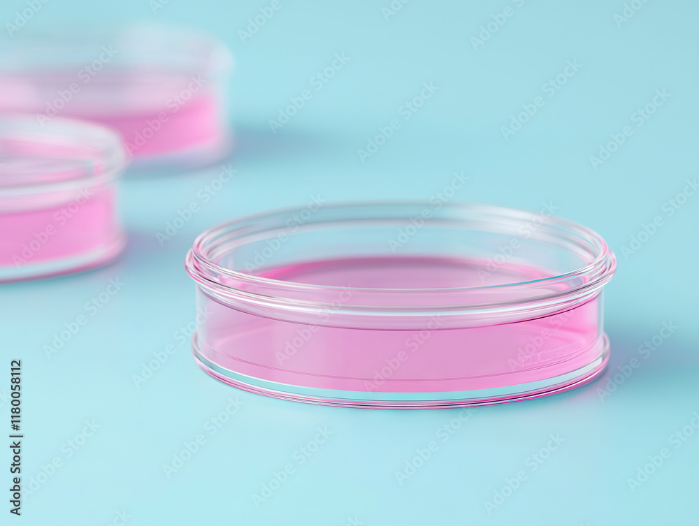 Petri dishes containing pink agar placed on blue surface in laboratory setup Petri dishes containing pink agar placed on blue surface in laboratory setup