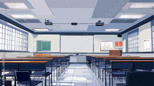 Empty classroom with projector and screen ready for studying