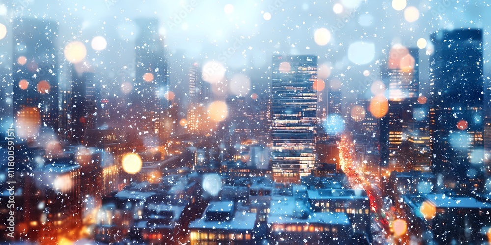 Obraz premium Abstract blurred city lights glowing softly against a snowy urban setting, evoking a magical and peaceful winter mood, style book illustration