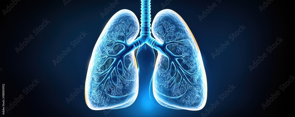 A glowing blue representation of human lungs, highlighting their intricate structure against a dark background. A glowing blue representation of human lungs, highlighting their intricate structure against a dark background.