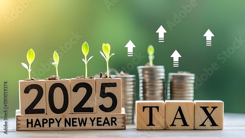 2025 Tax Growth Concept with Green Plants and Coins, New Year 2025 Financial Growth and Tax Planning, Sustainable Wealth Growth: Coins, Plants, and Tax. photo