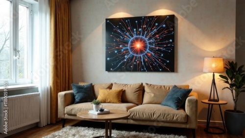 There is a picture on the wall, obviously a neuropicture in an apartment with big brown sofa photo