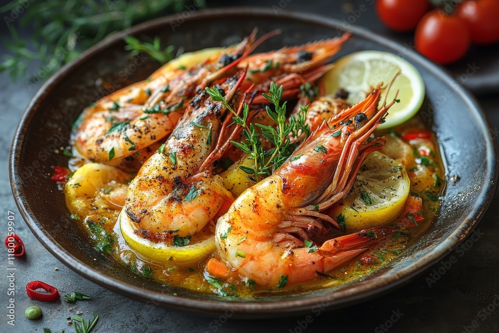 A flavorful prawns dish with rich butter and garlic sauce, lemon, and fresh herbs A flavorful prawns dish with rich butter and garlic sauce, lemon, and fresh herbs