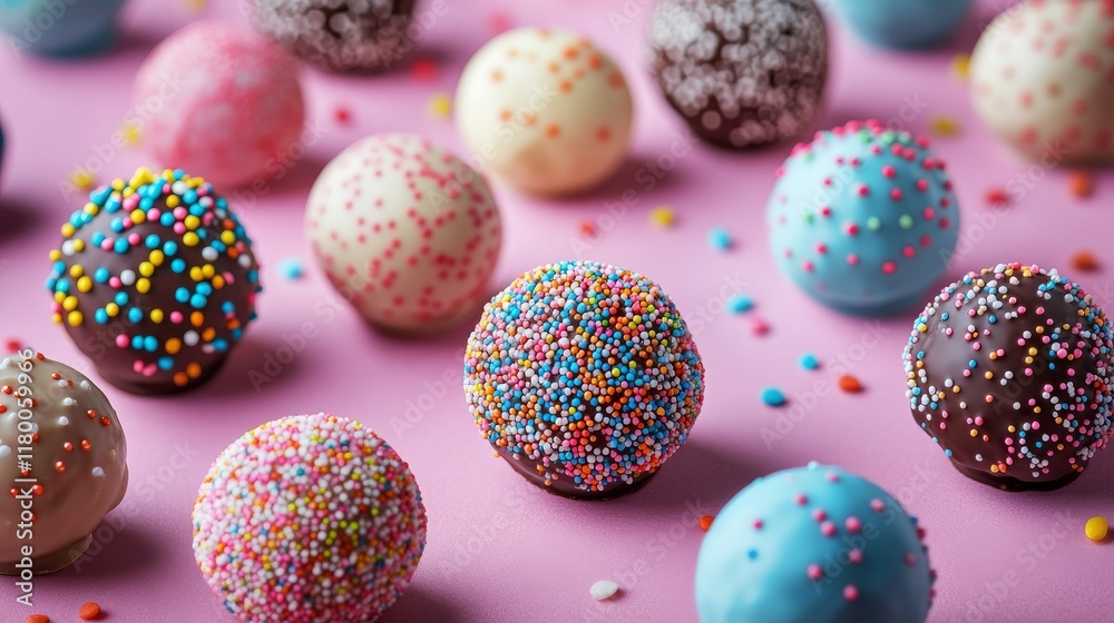 Fototapeta premium A colorful arrangement of chocolate truffles coated with sprinkles on a pink background