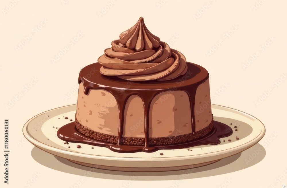 chocolate dessert on white plate with rich chocolate frosting in artistic illustration style. bakery advertisement, recipe book, pastry design, culinary blog. chocolate dessert on white plate with rich chocolate frosting in artistic illustration style. bakery advertisement, recipe book, pastry design, culinary blog.