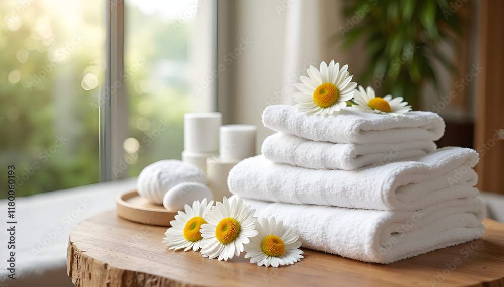 Soft white towels decorated with daisies in cozy spa setting Soft white towels decorated with daisies in cozy spa setting