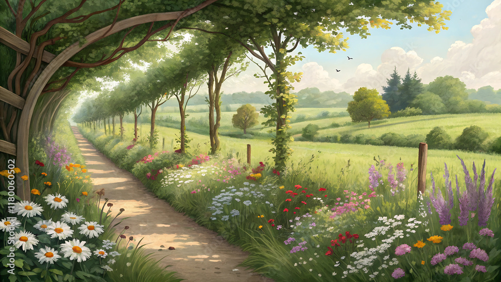 Obraz premium Exploring the vibrant green corridor adorned with wildflowers in a serene natural landscape