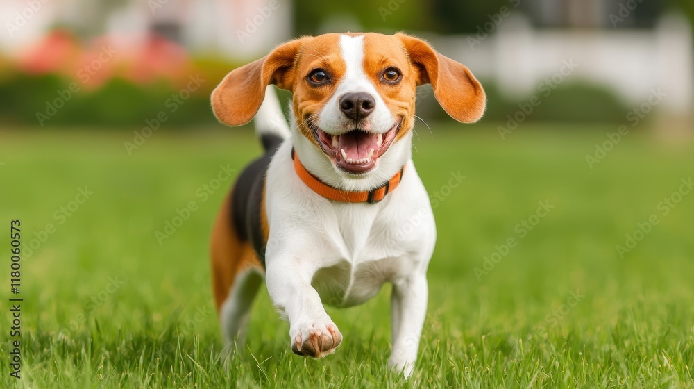 A happy beagle runs playfully on green grass, showcasing its energetic personality and joyful demeanor. A happy beagle runs playfully on green grass, showcasing its energetic personality and joyful demeanor.